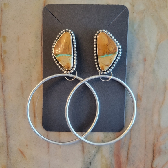 Silver and Brown Teardrop Earrings with Triangular Stones